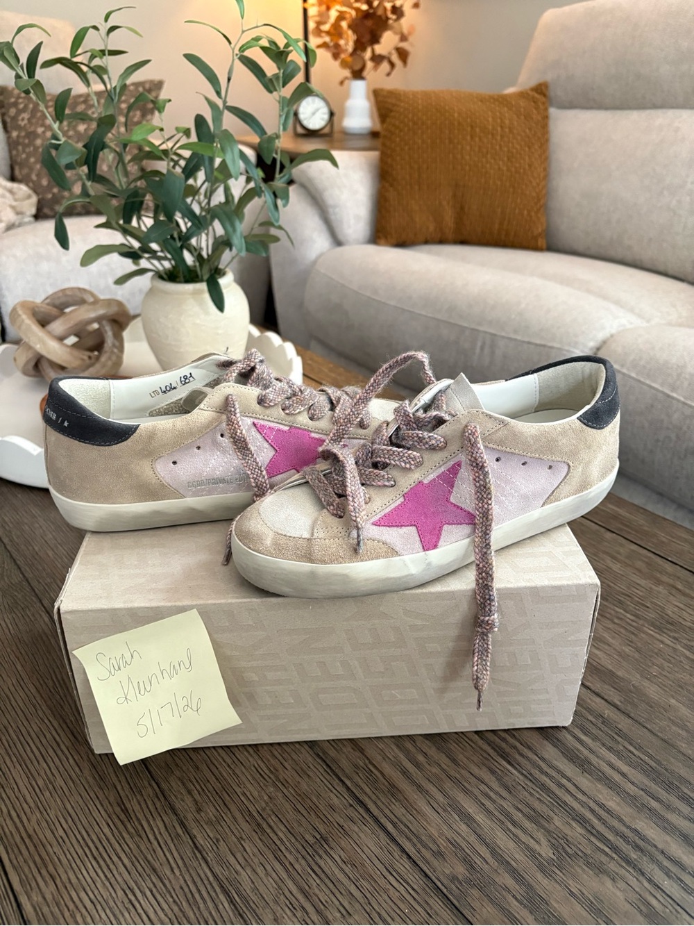 Golden Goose Beige Suede Sneakers with Pink Star